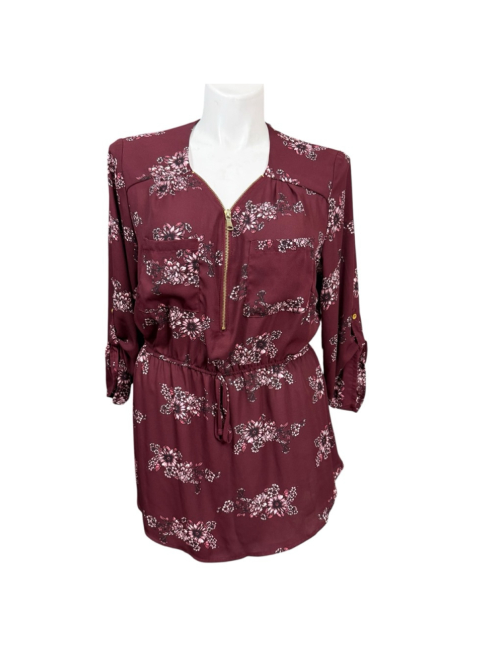 Justify Burgundy Floral Blouse 1X NWT Zip Front Peplum Boho Top